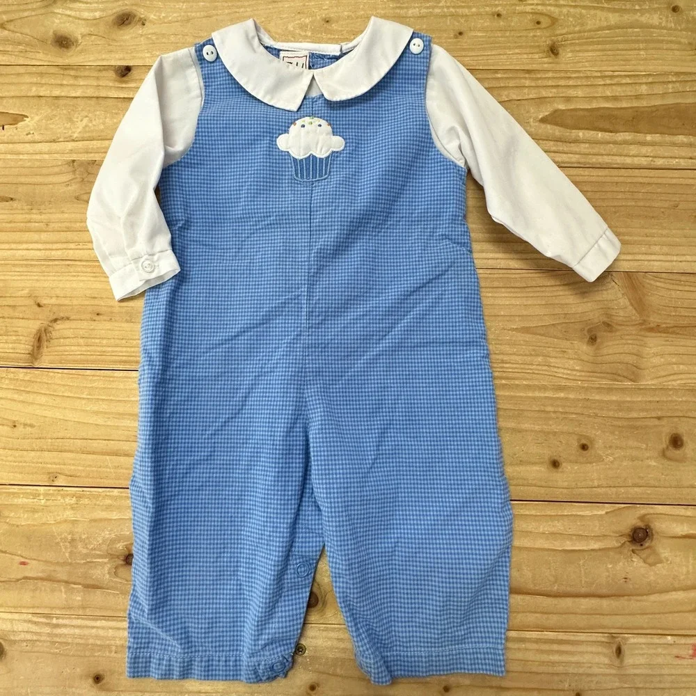 ZU Cupcake Applique Gingham Overalls Romper with Long‎ Sleeve Shirt 6 Mos